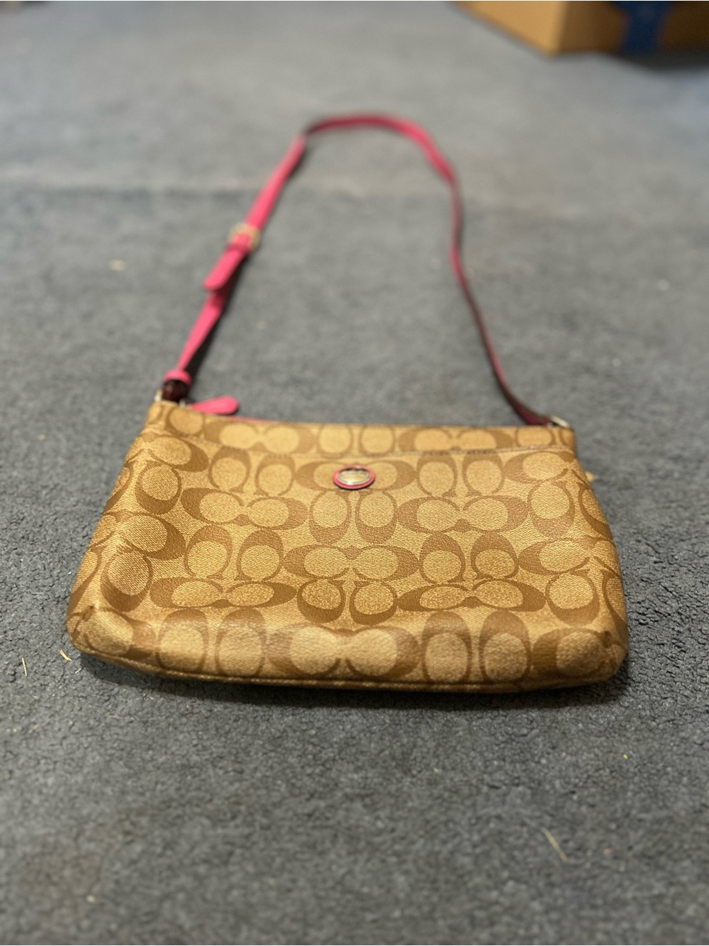 Coach Signature Canvas Crossbody in Brown with Pink Strap